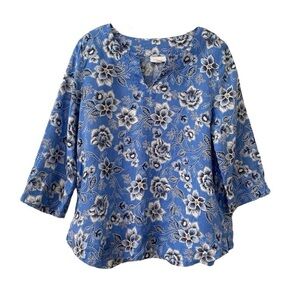 J Jill Linen Blue Love Floral Opl Breathable Spring 3/4 Sleeve Blouse Top
